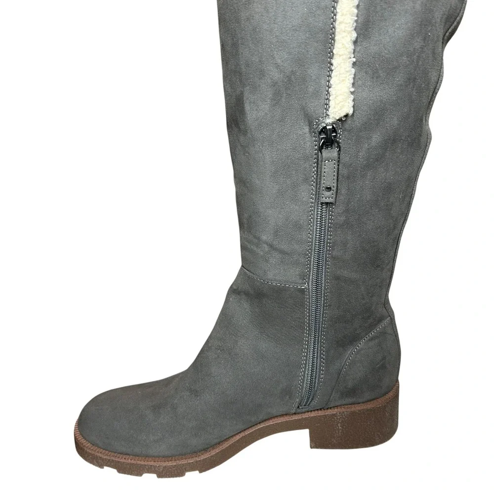 Dr Scholls Gray Faux Suede Knee High Boots Faux Shearling Trim Side Zip Lug Sz 8